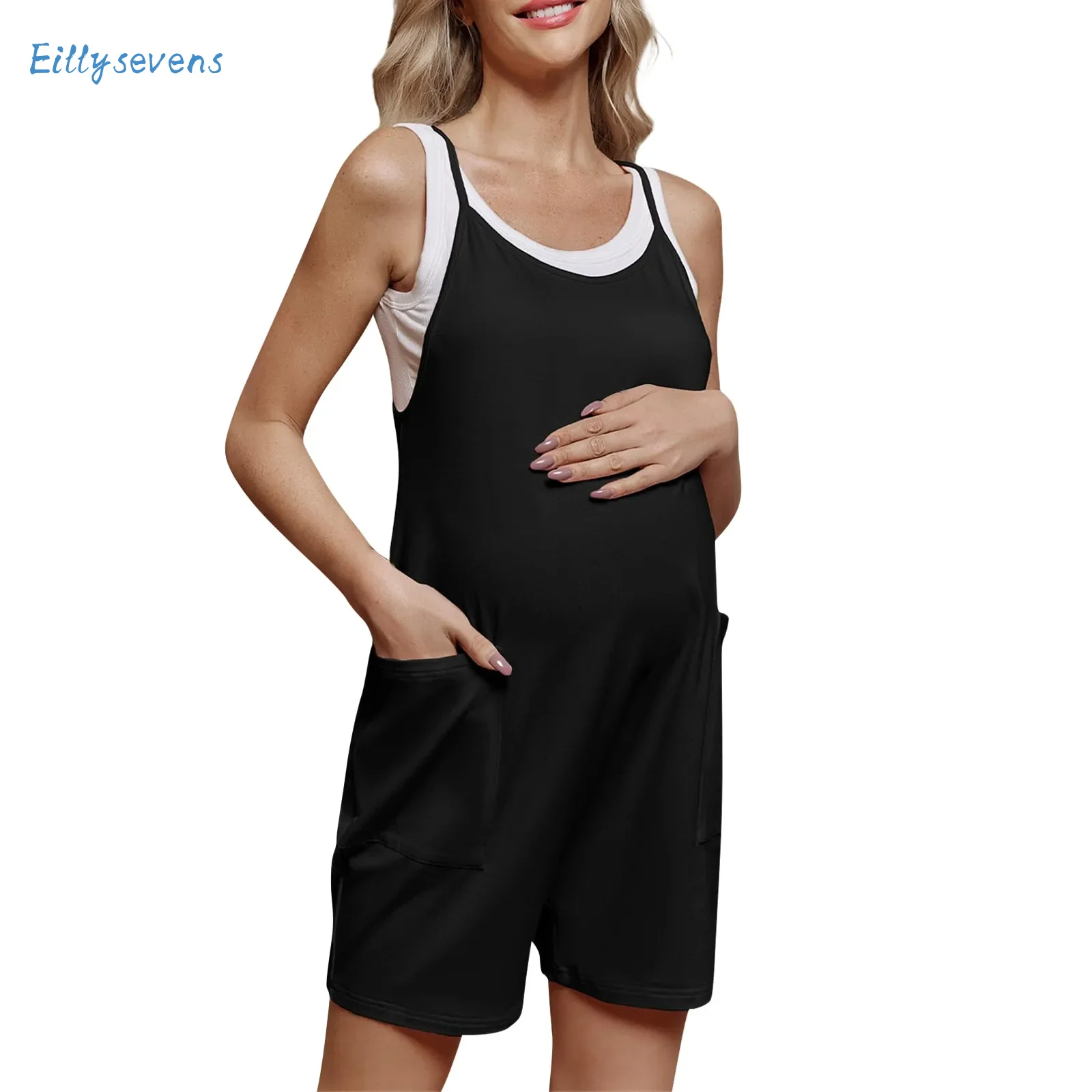 Pantaloncini Premaman Tute Moda Casual Spaghetti Strap Tute Tinta Unita Con Tasche Tute Morbide E Comode Dritte