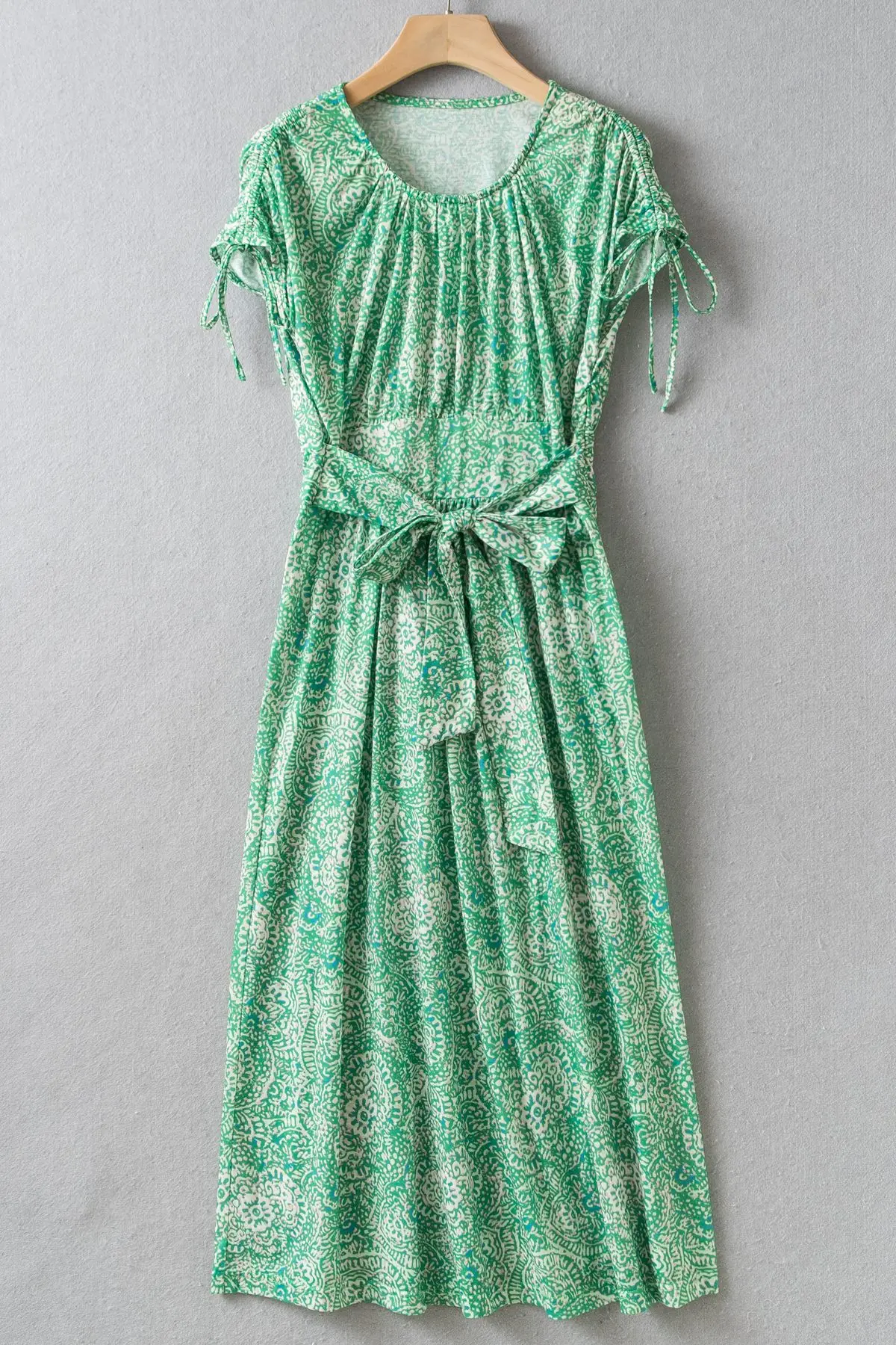 Abito Longuette In Vita Con Cintura Stampata Verde Xs-Xl