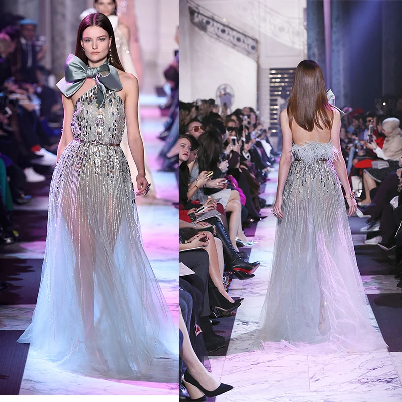 2117 New Zuhair Murad Halter Beaded Feather Crystal A-Line Vestidos De Noche Vestidos De Galaevening Dresses Compressore D'Aria