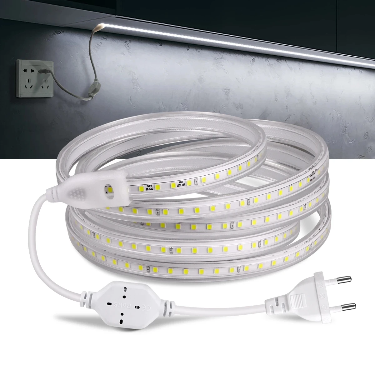 5050 Led Strip Light 220V Impermeabile Outdoor White Led Tape 60Leds/M Eu Plug 1M 2M 5M 10M 20M Led Nastro Flessibile Rosso Verde Blu