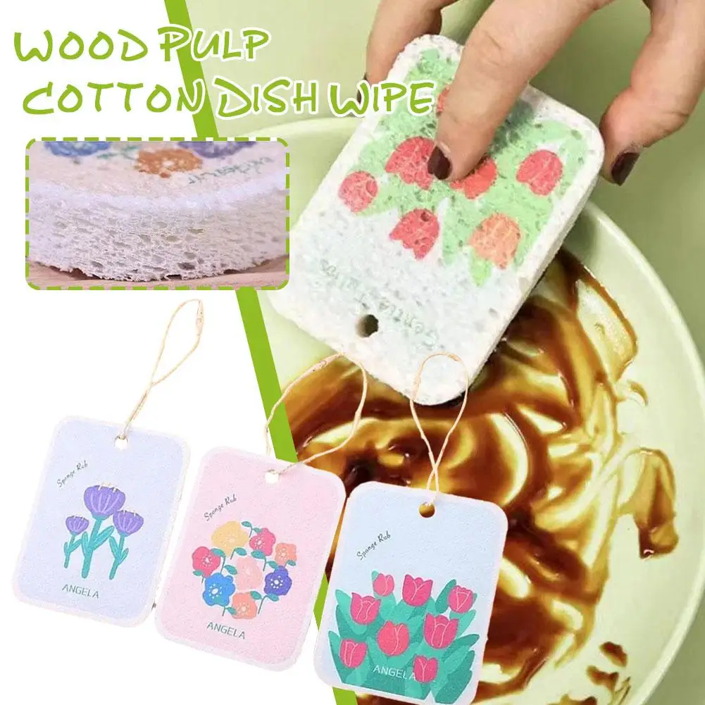 Polpa Di Legno Cotone Strofinaccio Quadrato Fiori Modello Cartone Animato Contenitore Pennello Lavastoviglie Spugna Casuale Salviette Sapone Y8P7
