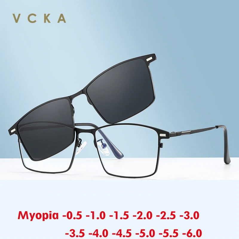 Vcka 3 In 1 Occhiali Da Sole Miopia Polarizzati Magnetici Quadrati Uomo Donna Guida Occhiali Da Vista Personalizzati Montatura-0.5 To -10