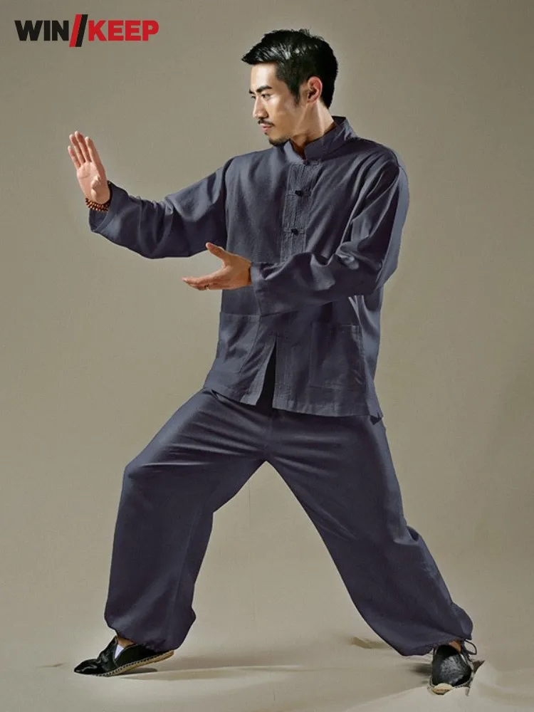 Spring Autumn Mens Taichi Training Two Piece Set Cotton Linen Kungfu Martial Arts Set Long Sleeve Wushu Tracksuit Sportswear Men