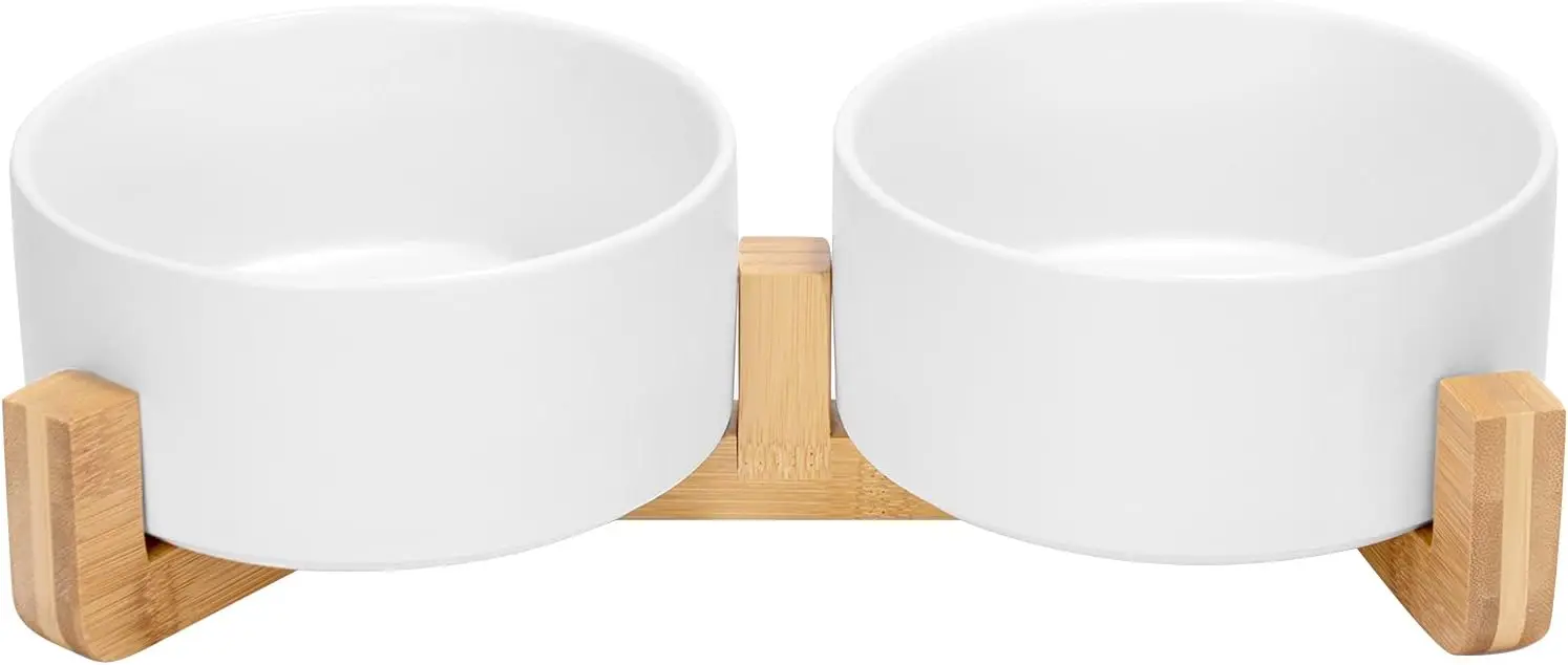 Spunkyjunky Gamelle Double En Ceccamique Avec Support En Bambou Pour Chat Et Chien (850Ml, Blanc)