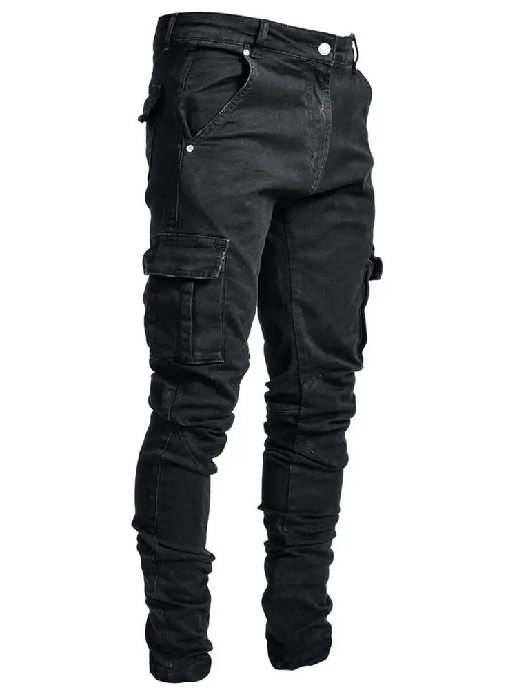 Jeans Strappati Pantaloni Skinny Casual Stretch Slim Denim Jogger Cargo Pants Mens