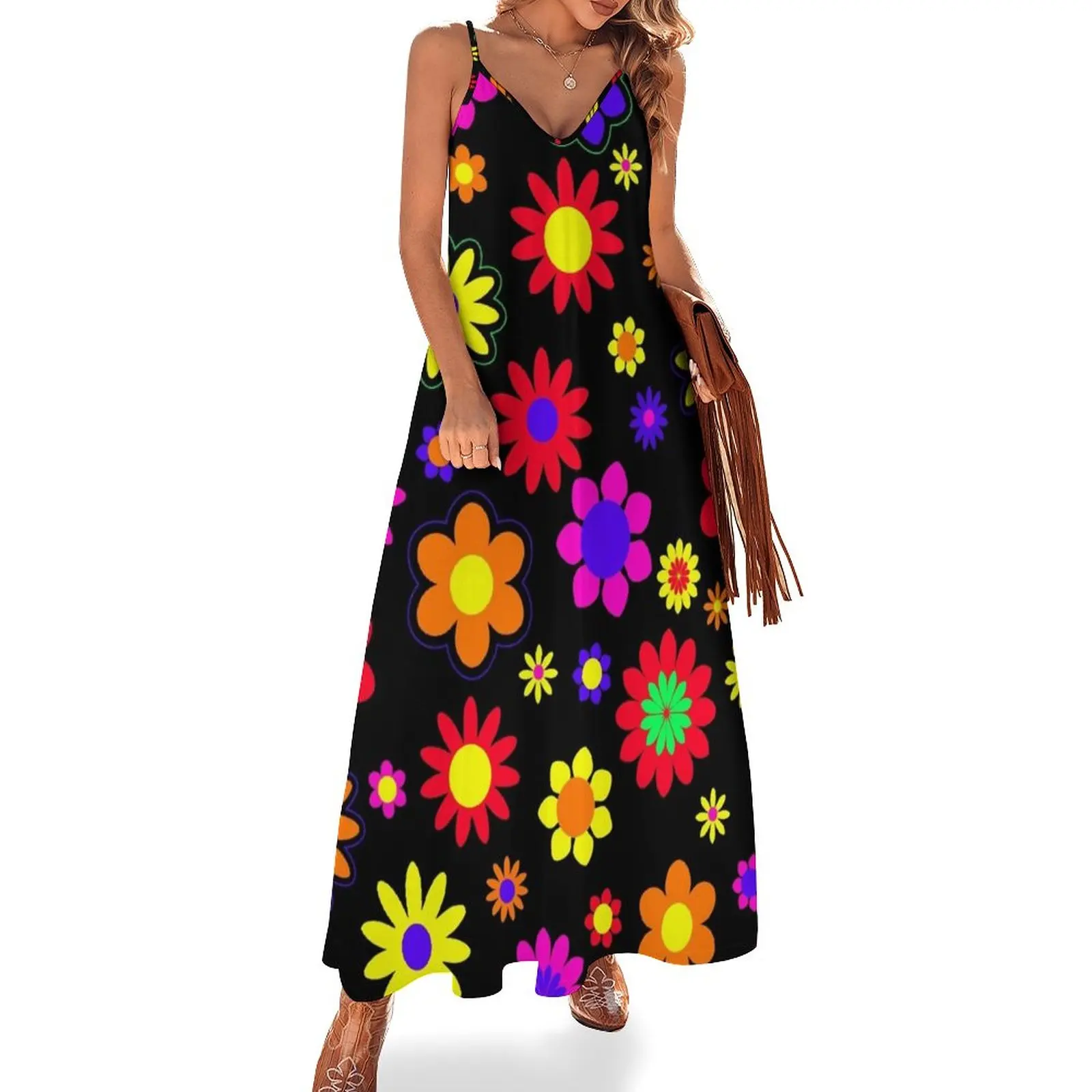 Retro Hippie Flower Power Pattern Abito Senza Maniche Abiti Da Cocktail Abiti Da Spiaggia Abiti Da Sposa Per Donna