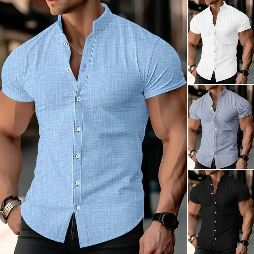 Camicia Slim Fit Da Uomo Camicia Da Lavoro Da Uomo Elegante Camicia Cardigan Con Colletto Alla Coreana Per Abbigliamento Casual Da Lavoro Estivo