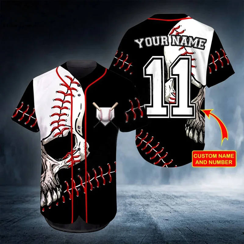 Summer Men Customize Your Name Baseball Jersey Skull 3D Printed T-Shirt Harajuku Street Casual Short Sleeve Baseball Jersey
