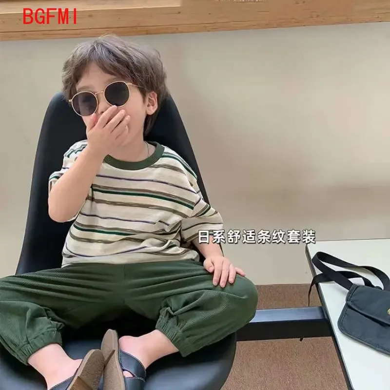 Fashion Baby Girl Boy Ice Silk Clothes Set Tshirt A Righe + Pant 2Pcs Infant Toddler Child Clothes Suit Summer Baby Clothes 1-7Y