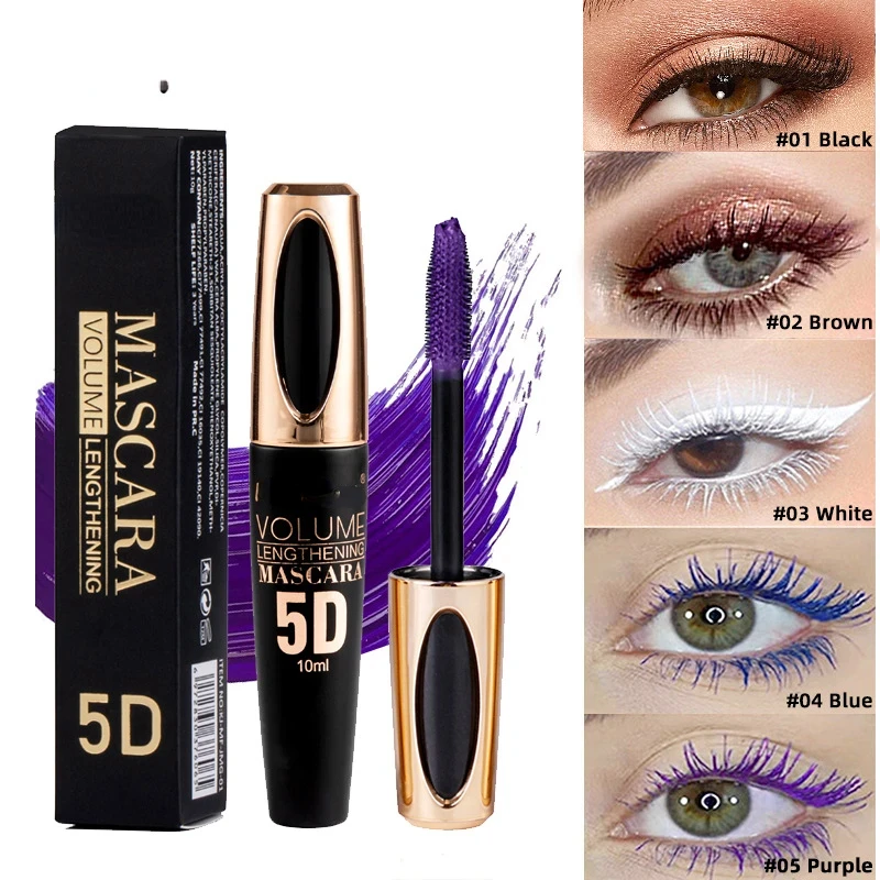 5D Mascara Makeup Waterproof Sweatproof Non Sbavature Slim Color Viola Blu Bianco Mascara Cosmetici Impermeabili