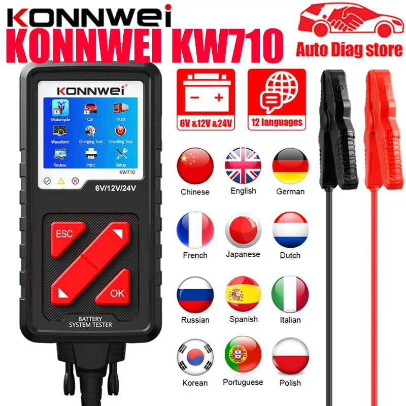 Konnwei Kw710 Tester Della Batteria Del Camion Dell'Automobile Del Motociclo Kw 710 Analizzatore Della Batteria 6V 12V 24V Diagnosi Del Sistema Di Avv