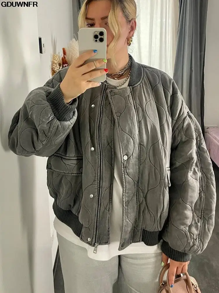 Giubbotto Bomber Invernale Addensato Per Donna 2023 Autunno Monopetto Tasca Cappotti Donna Manica Lunga Donna Street Chic Capispalla