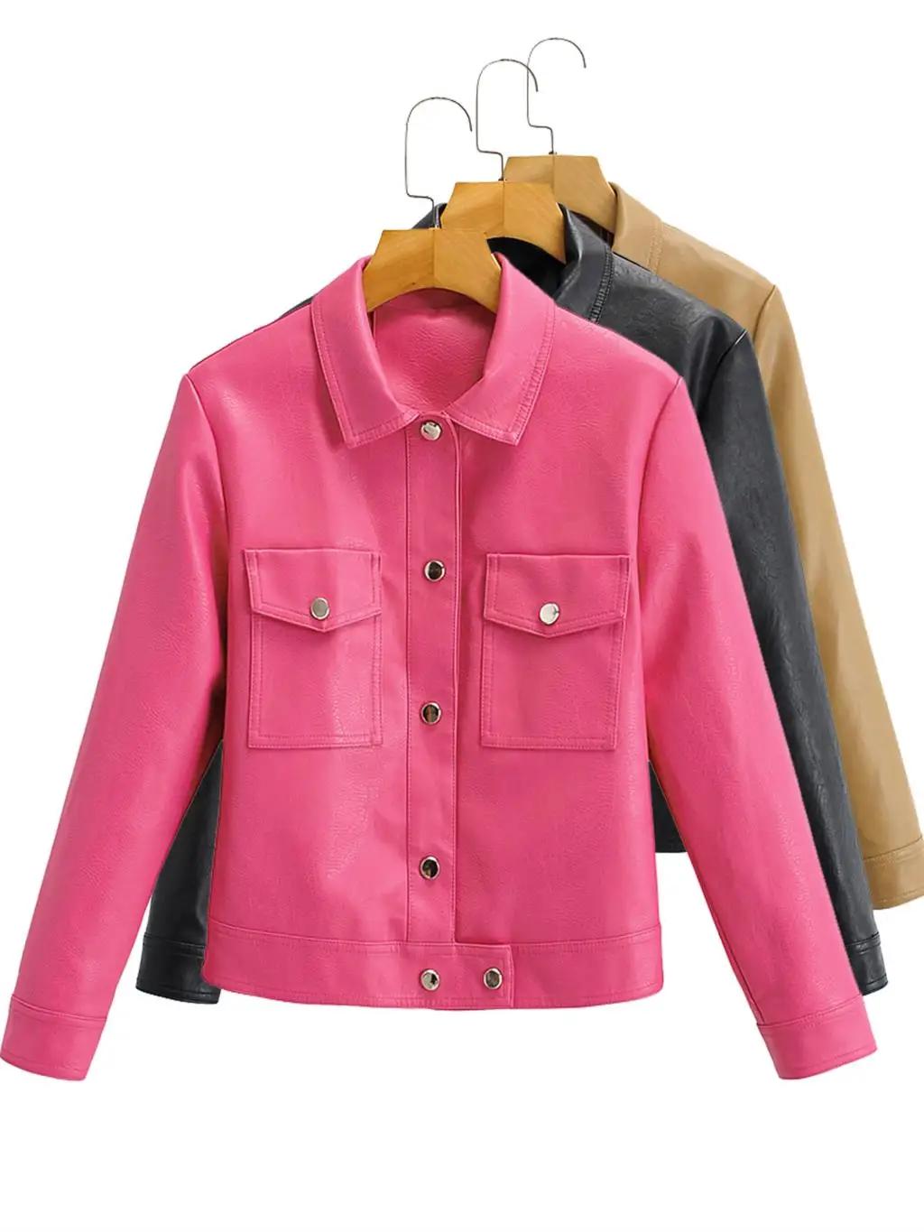 Fashion Chic Pu Leather Blouse Women Jacket Cropped Solid Buttons Up Winter Autumn Women'S Shirt Top Stylish Blouses Pink Black