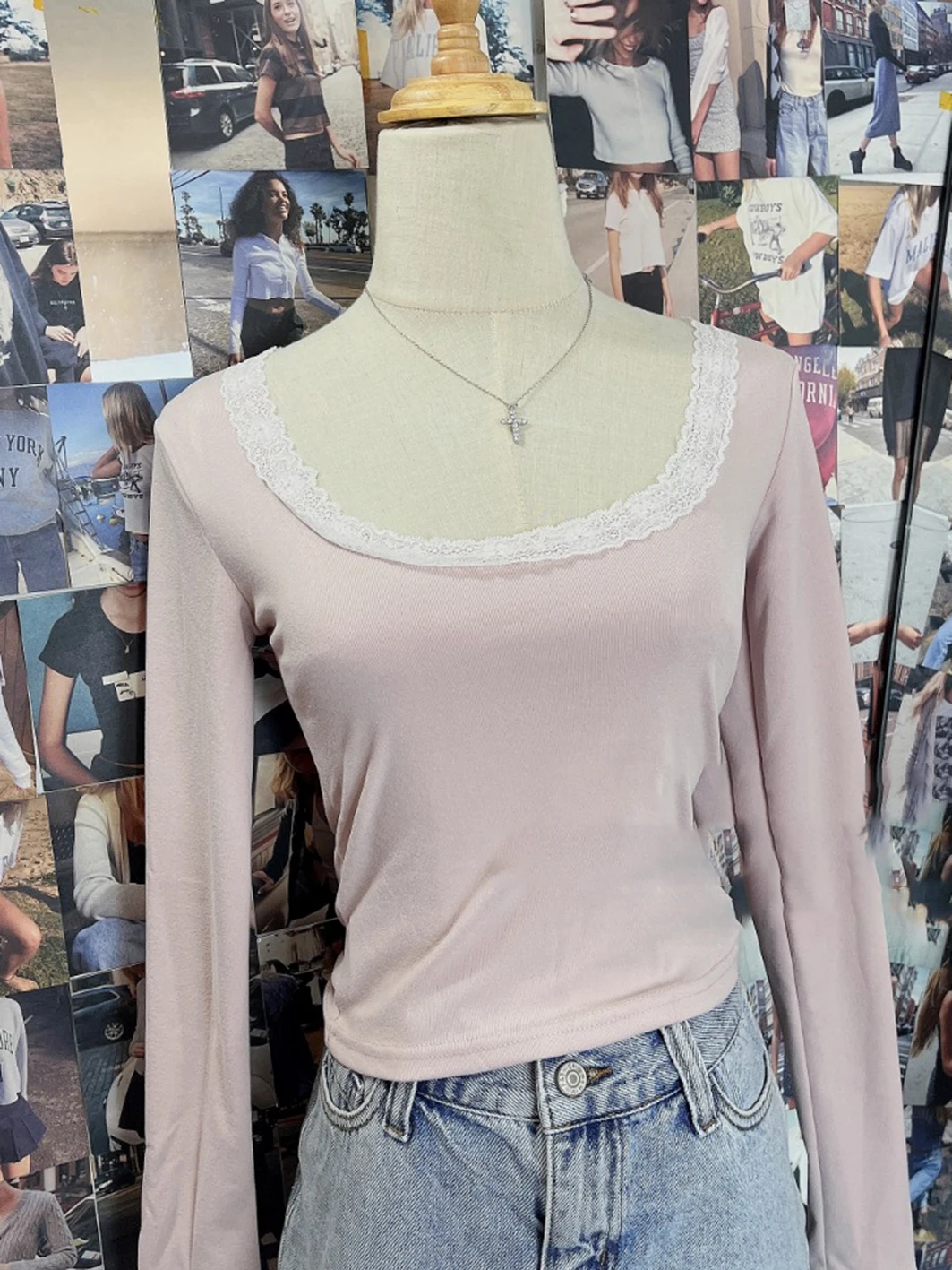 Dolce Pizzo Patchwork Slim Manica Lunga T-Shirt Donna Girocollo Slim Cotone Crop Top Autunno Casual Semplice Rosa Basic Tee Shirts