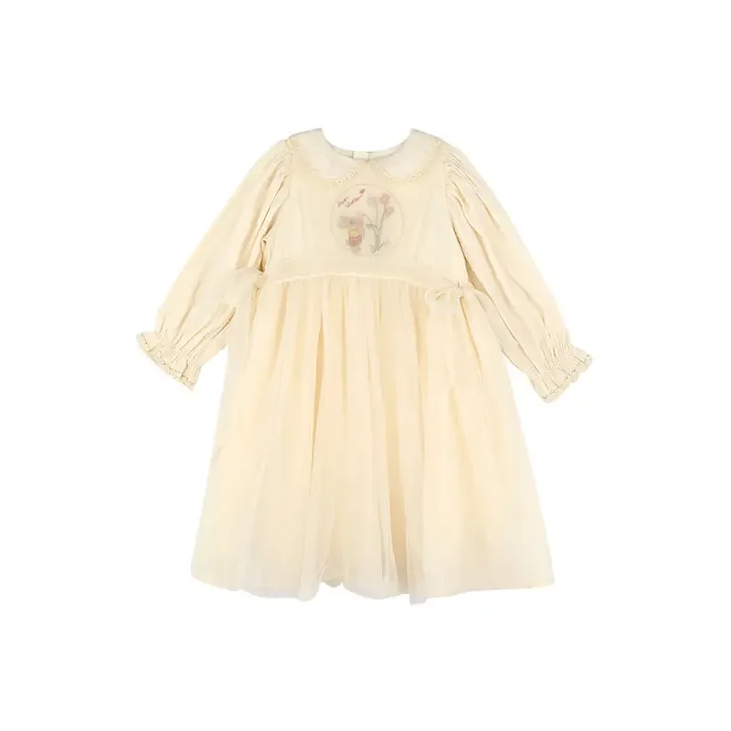 1-9Y New Baby Kid Girl Primavera Estate Color Crema Bambini Neonato Vestito Bambini Bambola Collare Ricamato Filato Vestito Ragazze Vestiti