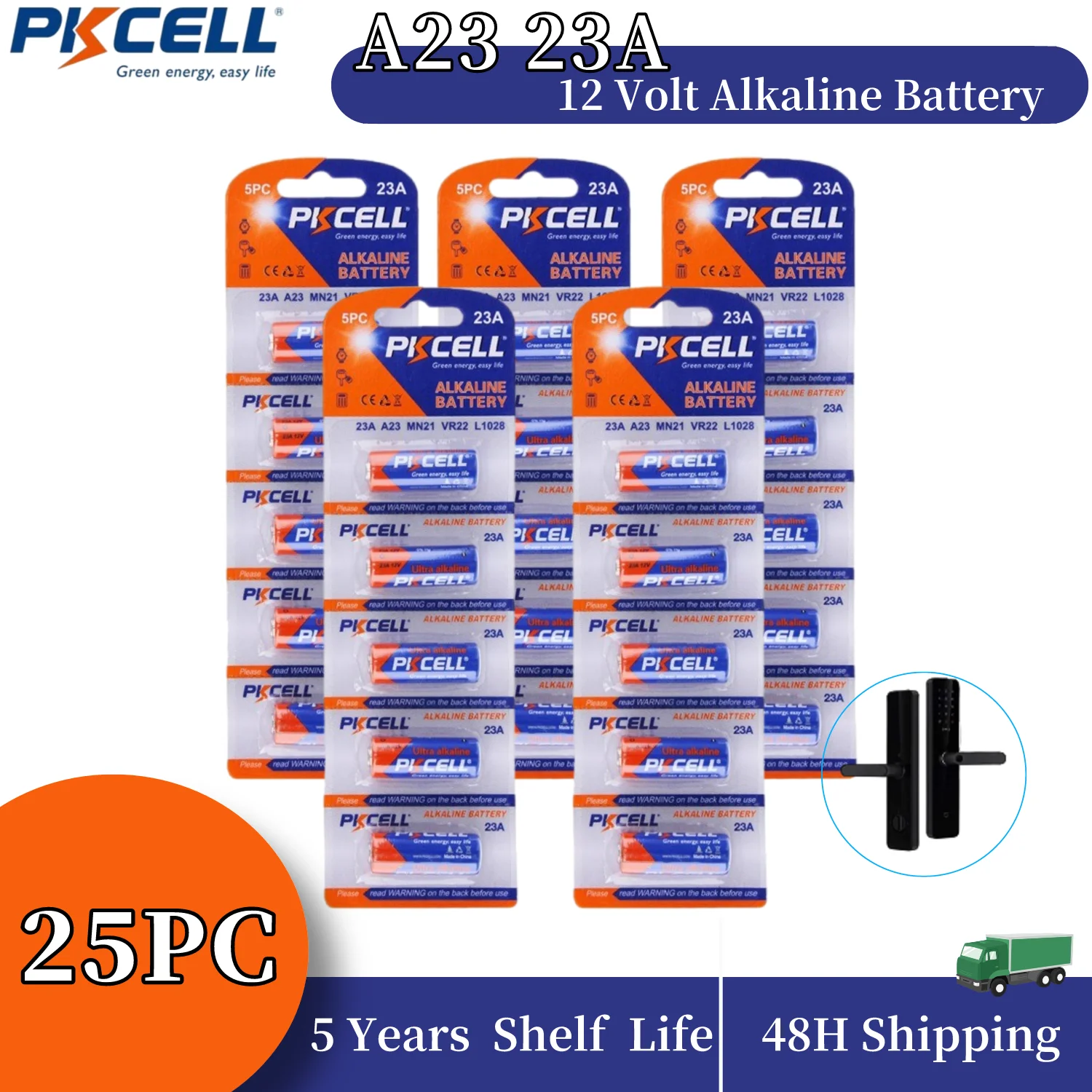 Pkcell 25Pc 23A/A23 12 V Batteria Alcalina A23 12 V Batterie Alcaline In Miniatura Per Apriporta Da Garage Ventilatore Da Soffitto Telecomandi Porta