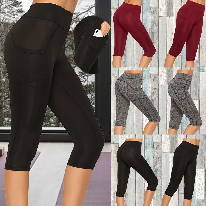 Leggings Corti Da Donna Con Tasca Sport Da Donna Allenamento Fitness Leggings Corti A Vita Alta Pantaloni Push-Up Slim Solidi Pantaloni Femminili