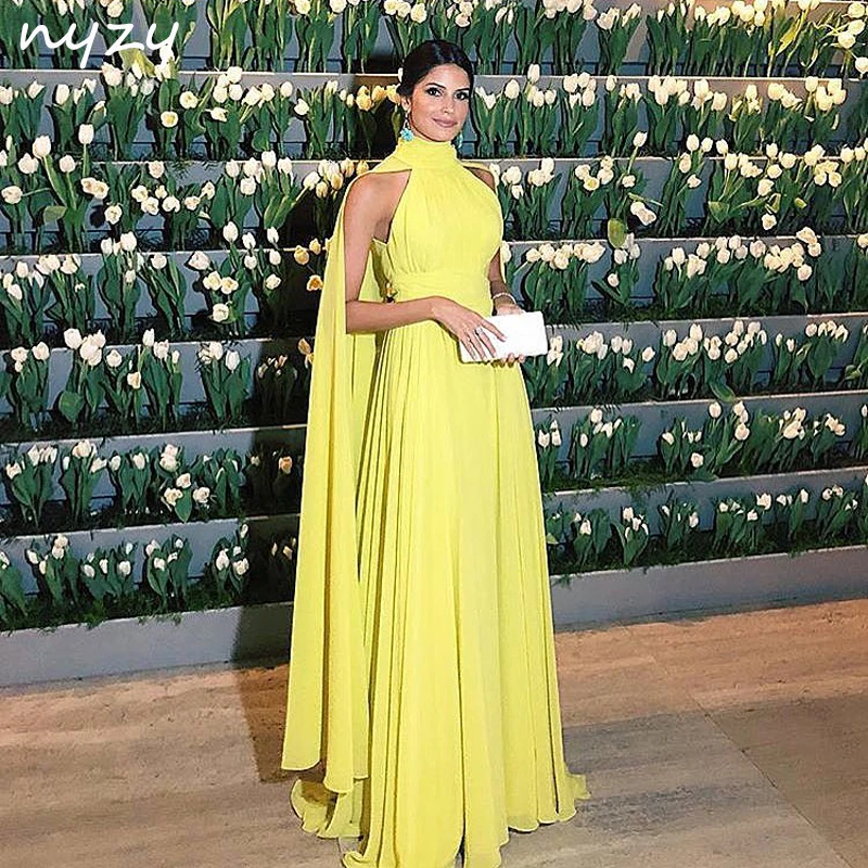 Nyzy E2 Abito Formale Donna Elegante Chiffon Increspato Collo Alto Mantella Maniche Lunghe Abito Da Sera Giallo 2019 Vestido Longo Festa