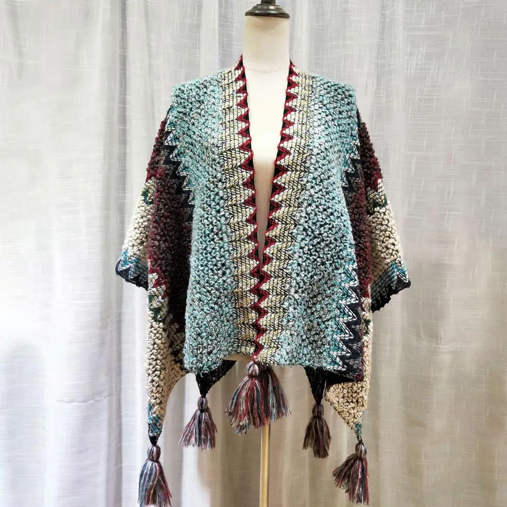 Poncho Lavorato A Maglia Con Nappe Bohémien Maniche A Pipistrello Mantelle Invernali Cardigan A Righe Con Scollo A V Mantelle Da Donna Scialle Vintage