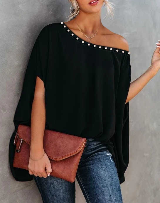 Camicette Casual Con Maniche A Pipistrello Mantella Nera Abbigliamento Donna Temperamento Pendolarismo Donna Top Primavera Estate Nuova Camicetta Alle