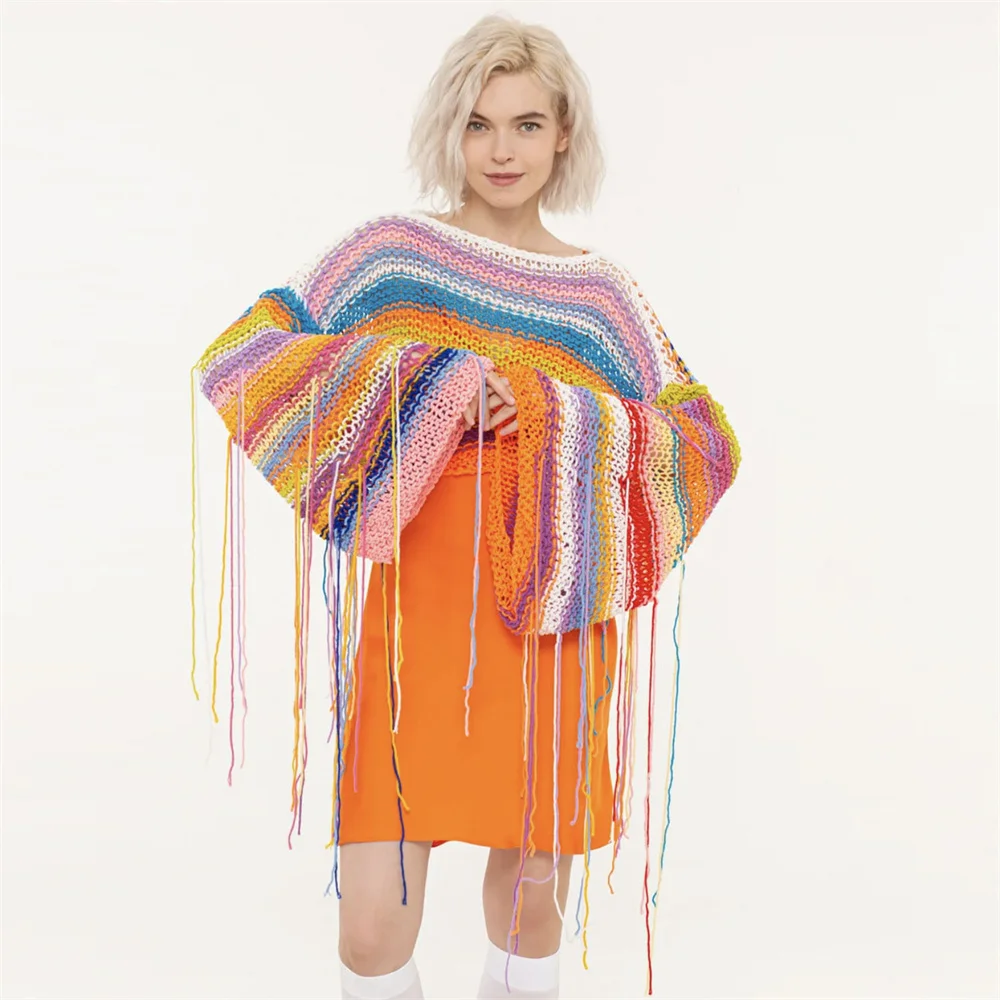 Donne Arcobaleno Nappe Tessitura Maglione Autunno Y2K Stripe Hollow Fishnet Knit Crochet Smock Crop Top Femminile Pullover Oversize