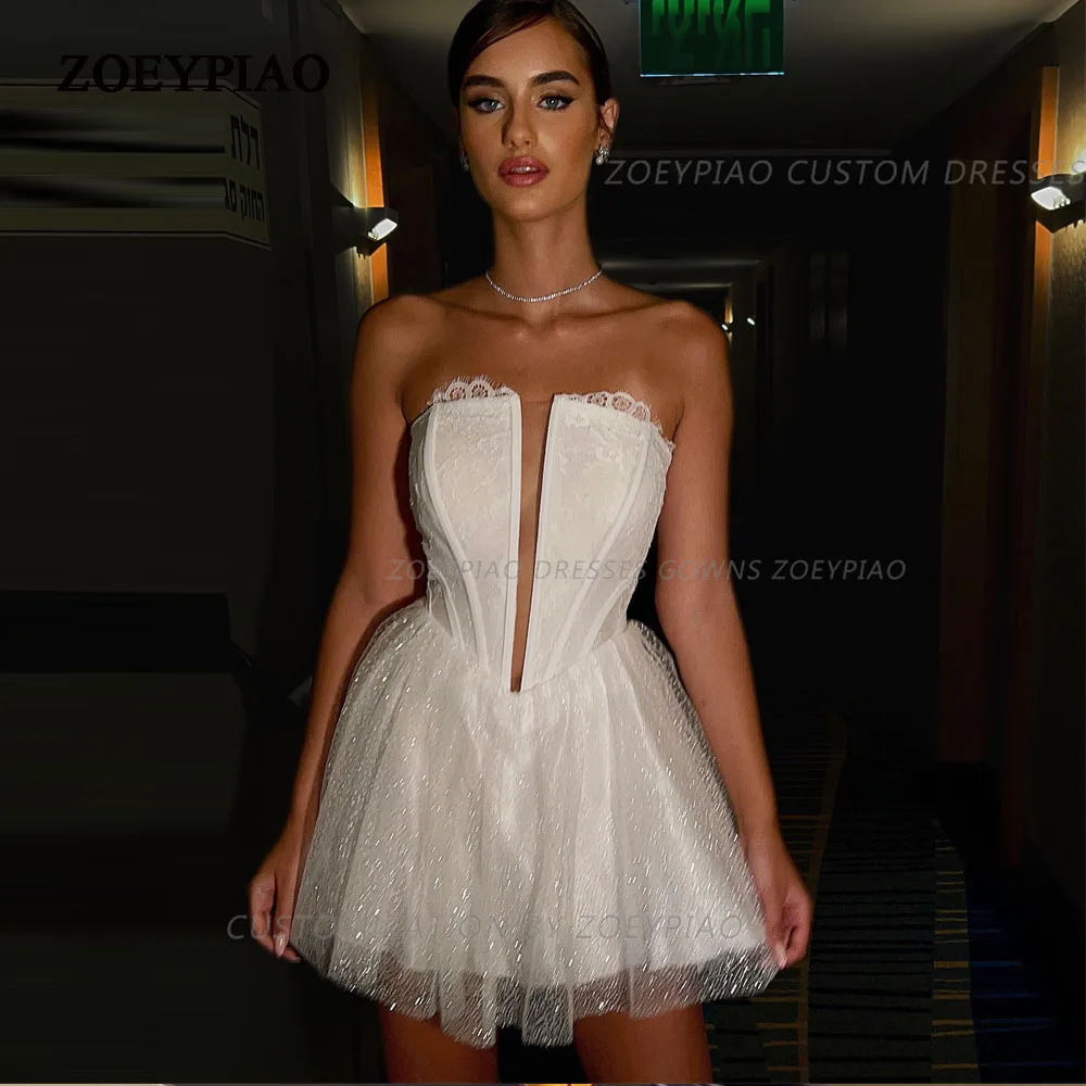 Semplici Ed Eleganti Abiti Da Sposa Corti Da Principessa Glitter Pizzo Lucido Senza Maniche Mini Abiti Da Festa Per Le Donne Abiti Da Cocktail