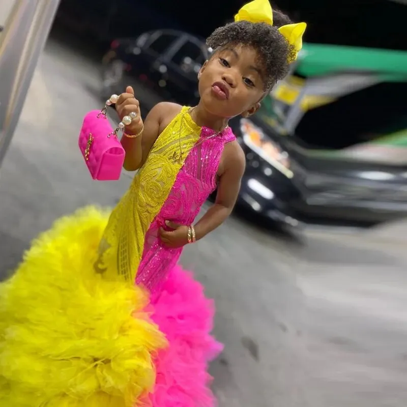 Lovely Contranst Color Little Girls Birthday Dresses Halter Sequin Child Mermaid Dress Tiere Bottom Fishtail Kid Pageant Dress