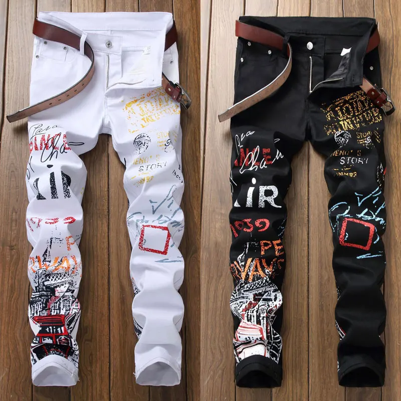 High Street Fashion Mens Jeans Night Club Nero Bianco Colore Designer Personale Stampato Jeans Uomo Pantaloni Punk Jeans Skinny Hip Hop