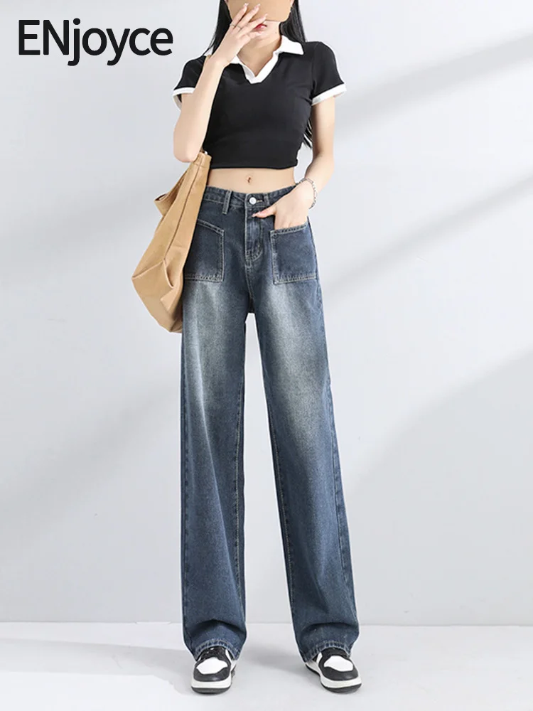 Enjoyce Summer Women Vintage Classic Straight Jeans Moda Coreana Pantaloni Lunghi In Denim Casual Streetwear Pantaloni Larghi A Gamba Larga