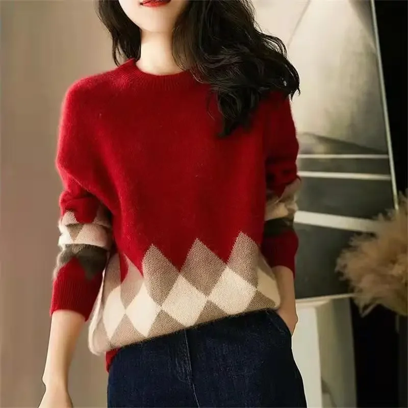 Top In Maglia Per Donna Girocollo O Collo Maglione Da Donna Pullover Plaid Grigio Autunno Inverno 2023 Cashmere Crochet Trend Designer Jumper