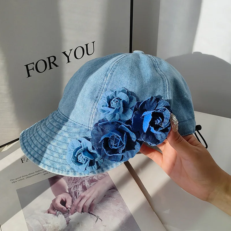 3D Denim Fiore Tessuto Casquette Personnalisé Cotone Femminile Pieghevole Viaggio Chapeau Casquette Femme Estate Sole Berretto Da Baseball