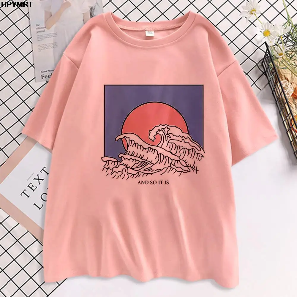 Spring And Summer Street Harajuku Kawaii Cartoon Graphics Tops Ocean Wave Series Printing Fashion Casual Womens Clothing T-Shirt