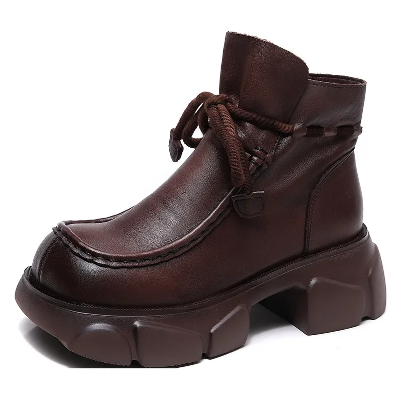 Retro 2023 Autunno Boot Wedge Suola Spessa Scarpe Stivali In Vera Pelle Per Le Donne Stivaletti Alla Caviglia Con Zip 6Cm Moto Naturale Metà Polpaccio