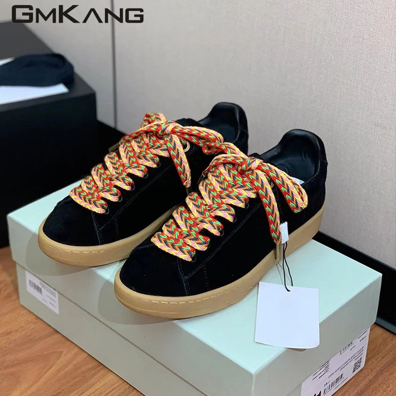 Neue Dicke Sohle Freizeit Schuhe Frauen Schnbranen Runde Zehen Flache Plateaus Chuhe Unisex Echt Leder Freizeit Komfort Turnschuhe