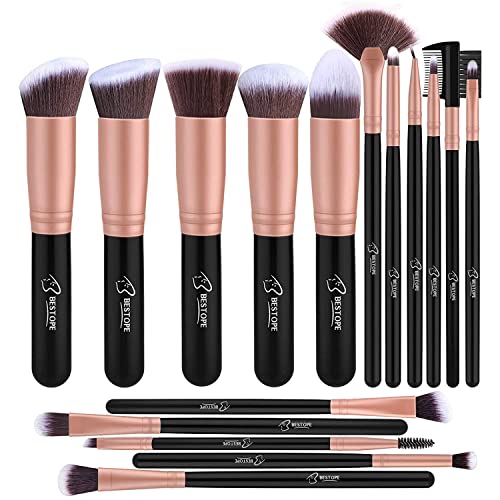 Bestope Set Di 16 Pennelli Per Il Make-Up Professionali Per Il Trucco, Eyeliner, Ombretto, Sopracciglia, Fondotinta Liquido, Oro Rosa