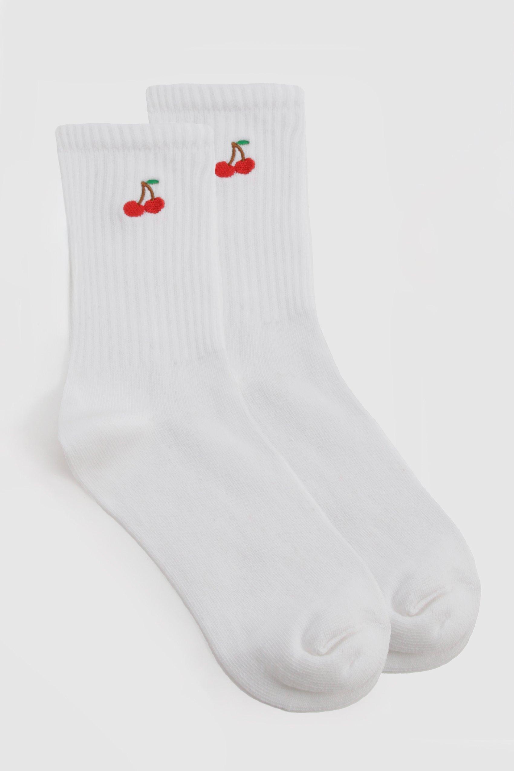 Embroidered Cherry Socks, Bianco