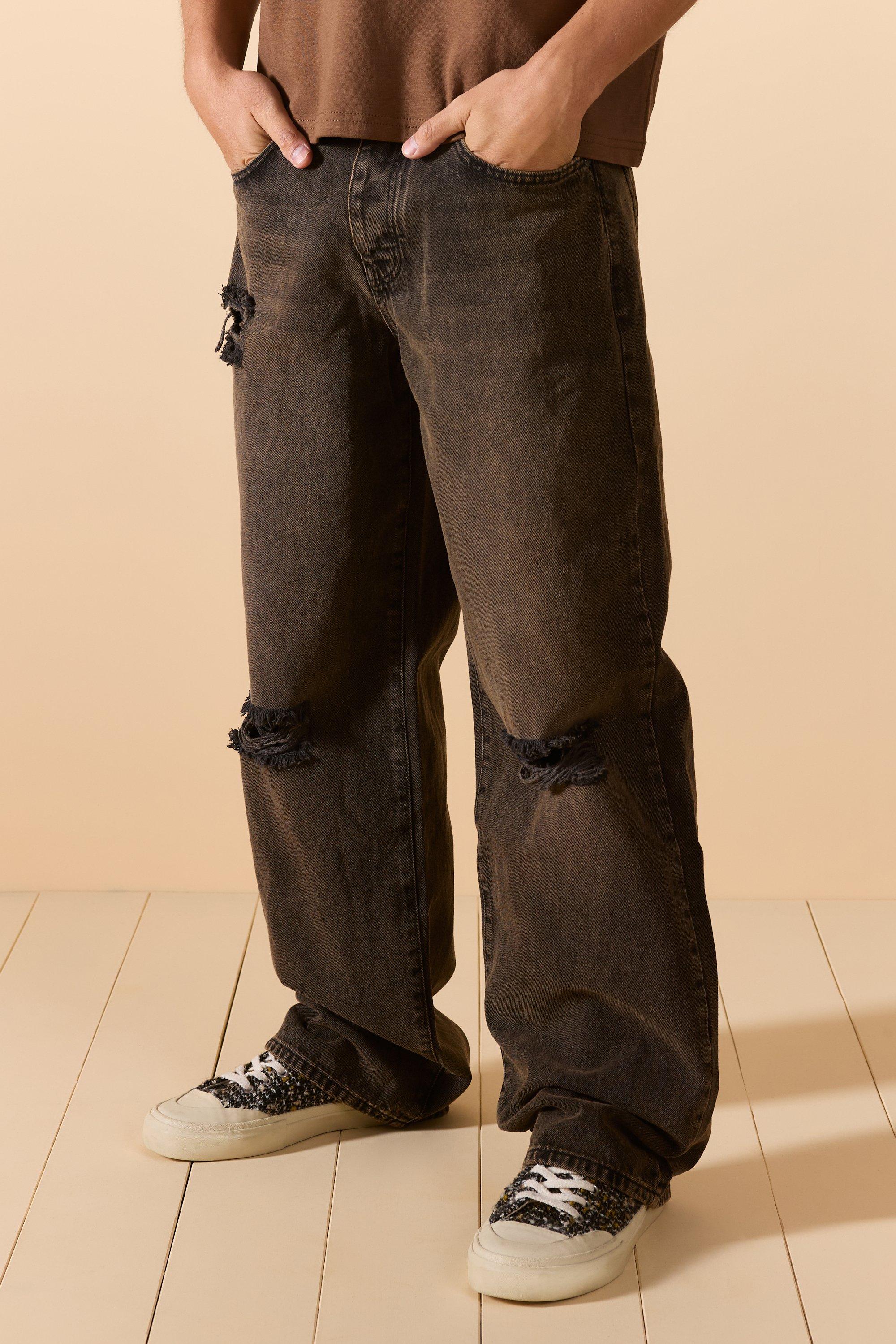 Baggy Rigid Brown Wash Ripped Knee Jeans, Brown