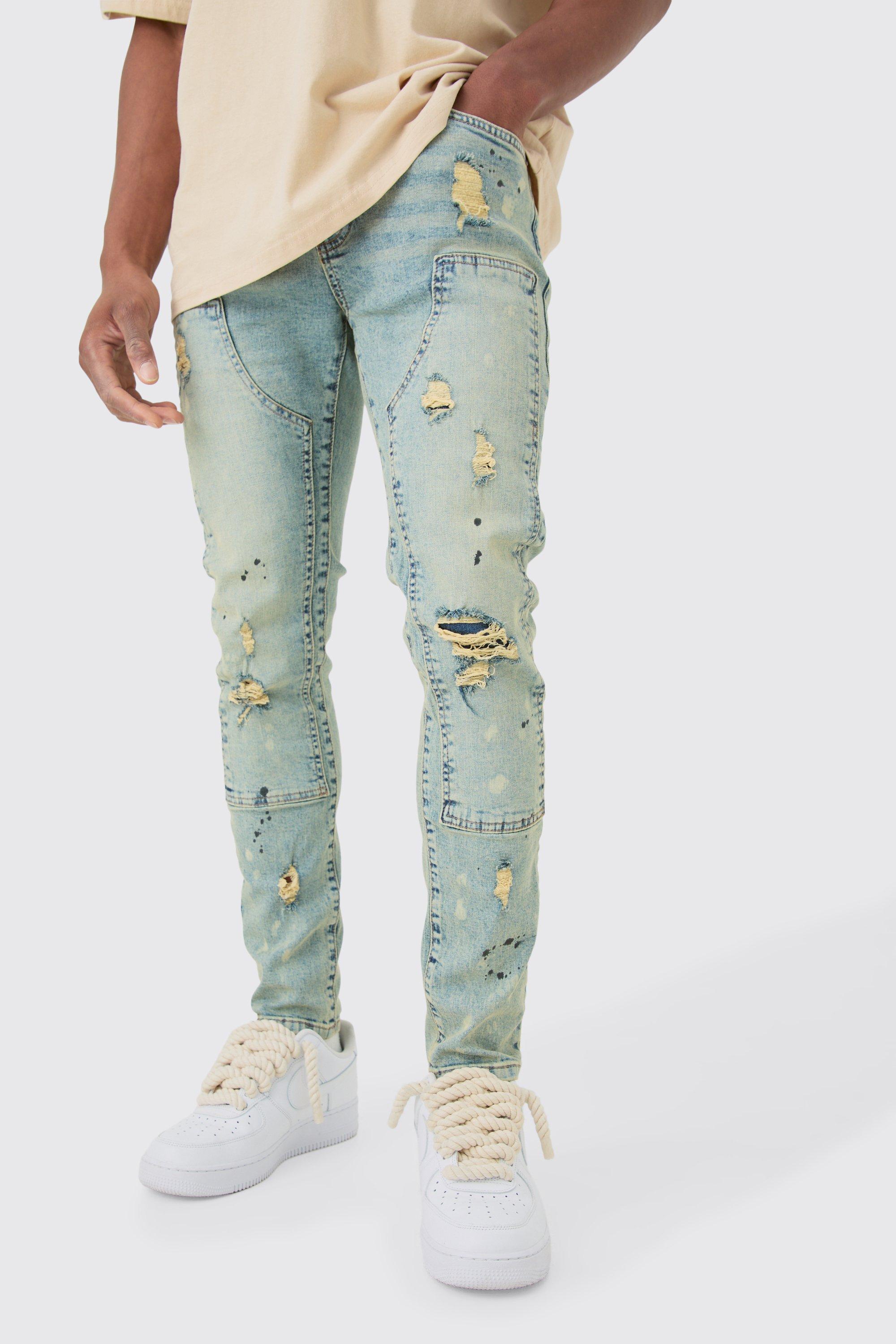 Skinny Stretch Ripped Carpenter Jeans In Antique Blue, Azzurro