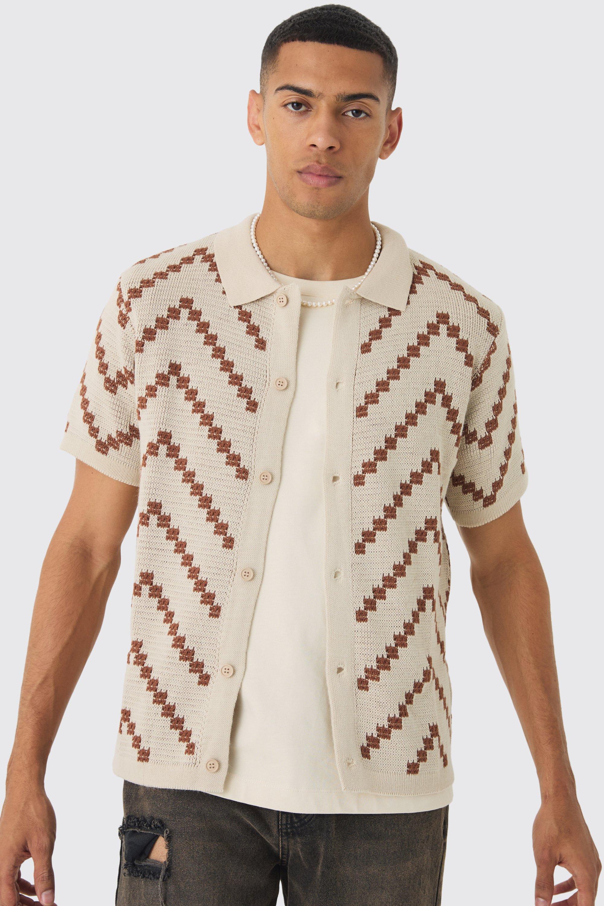 Open Knit Stripe Shirt In Ecru, Cream