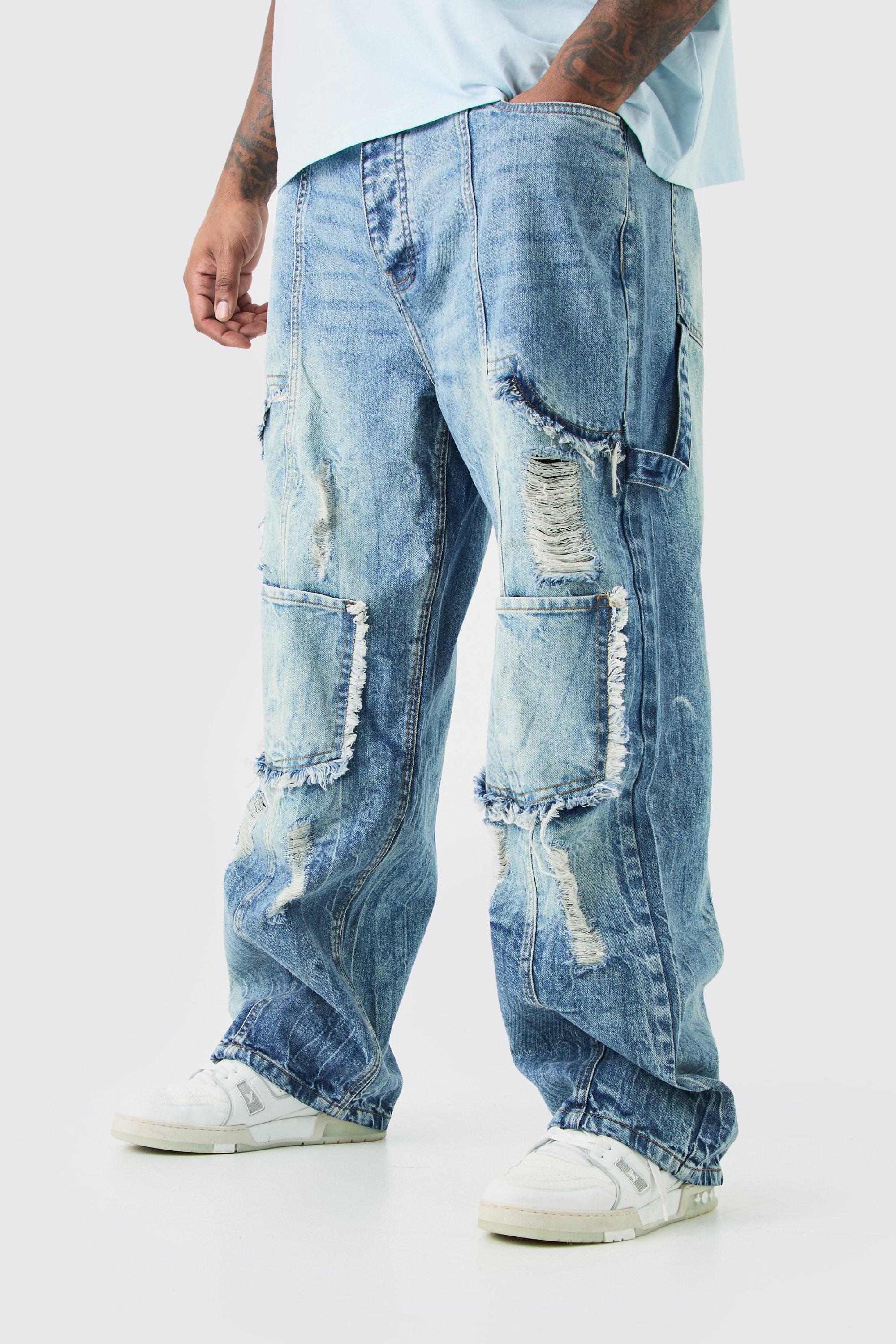 Jeans Cargo Plus Size rilassati in denim rigido con strappi, Azzurro