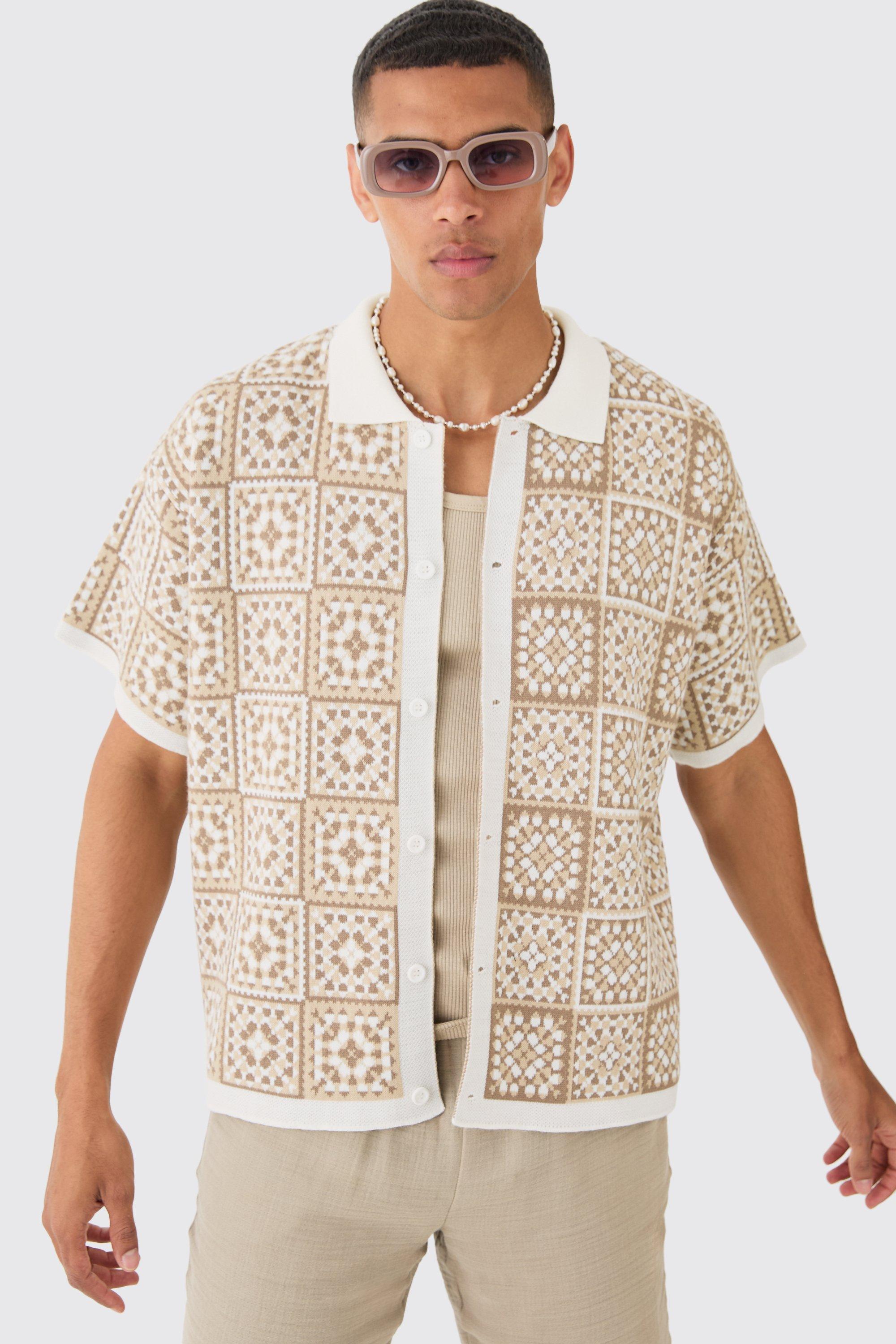 Oversized Boxy Crochet Knitted Shirt, Beige