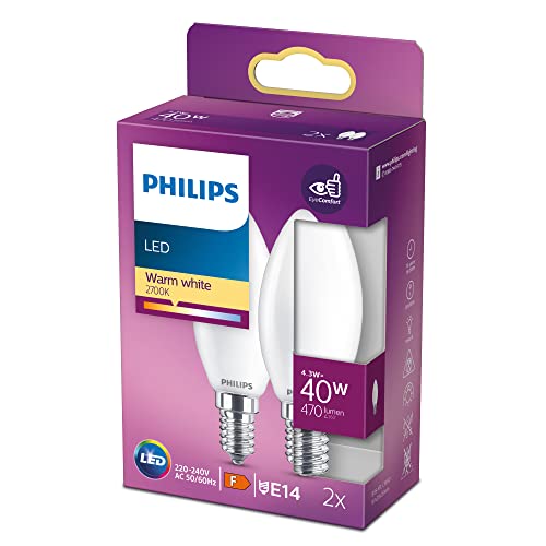 Philips Lampadina Led Candela, 2 Pz, 4.3W, Attacco E14, Luce Bianca Calda, Non Dimmerabile
