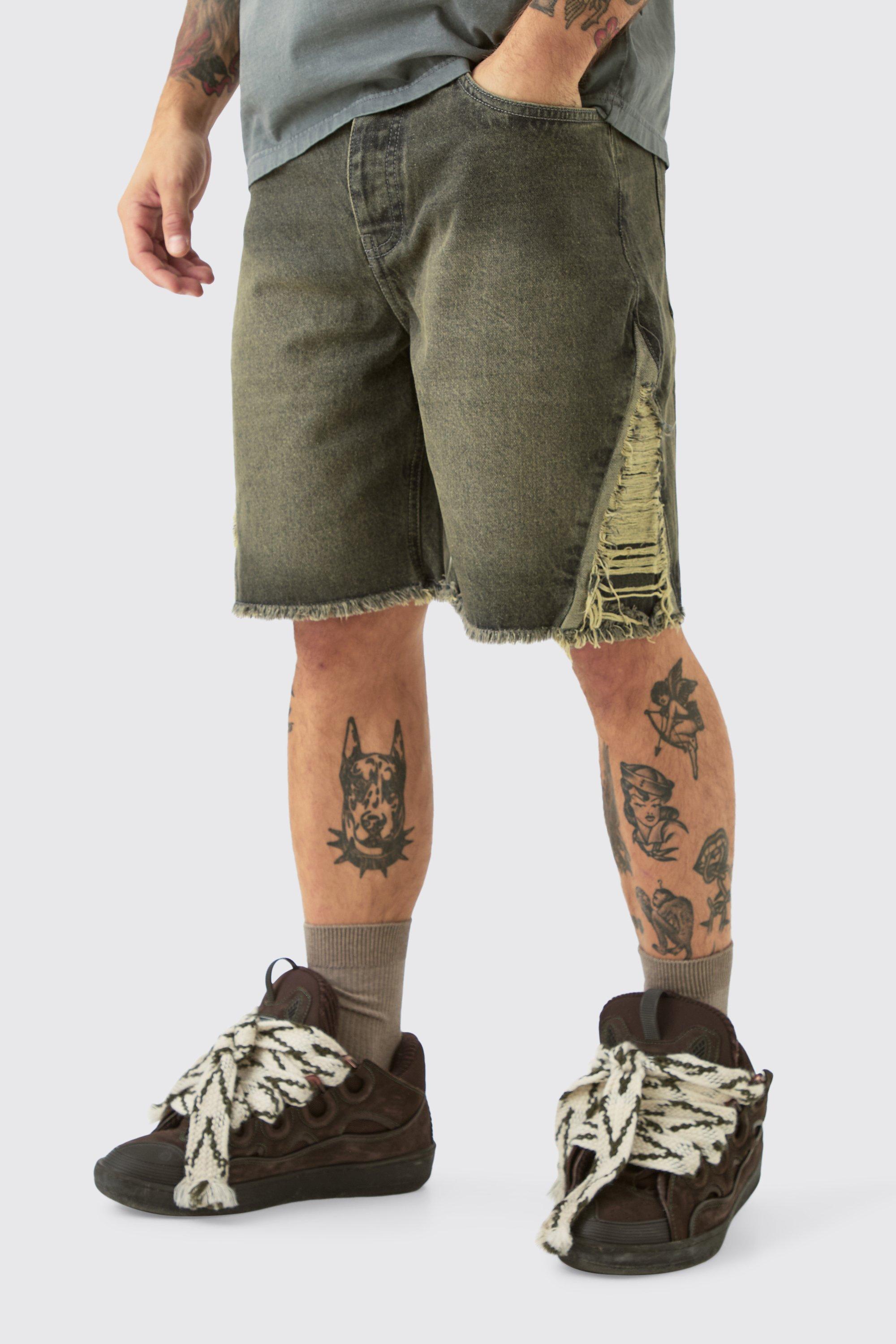 Relaxed Rigid Extreme Side Ripped Denim Short In Antique Grey, Grigio