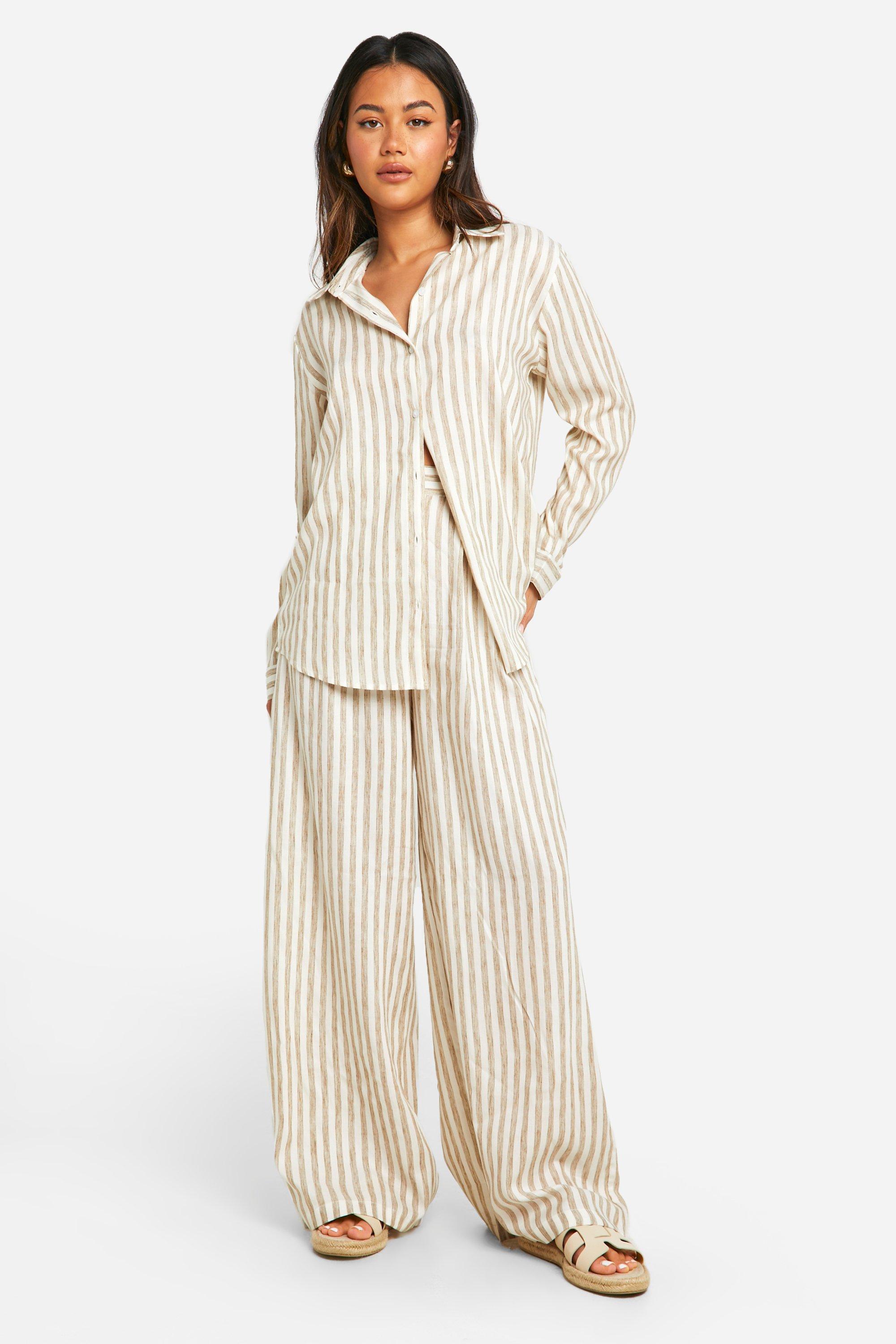 Stripe Linen Wide Leg Trousers, Cream