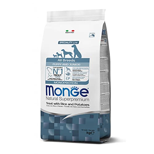 Monge Natural Superpremium Puppy And Junior Trout, Rice And Potatoes, Cibo Per Cani Per Tutte Le Razze (Cibo Secco Per Cani Con Trota, Riso E Patate,