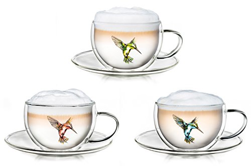 Creano Bicchiere Termico Con Stampa Di Uccelli Colibri "Hummi" Vetro A Doppia Parete, Tazza Termica | 250Ml In Scatola Da Regalo