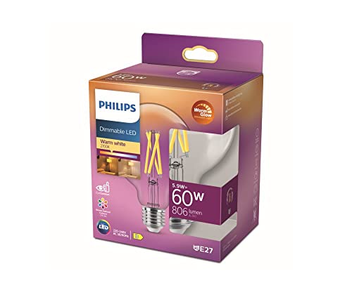 Philips Lampadina Led Globe - Luce Bianca Calda - E27 - 60 W - Trasparente - Illuminazione A Led A Risparmio Energetico - Lampadina A Filamento