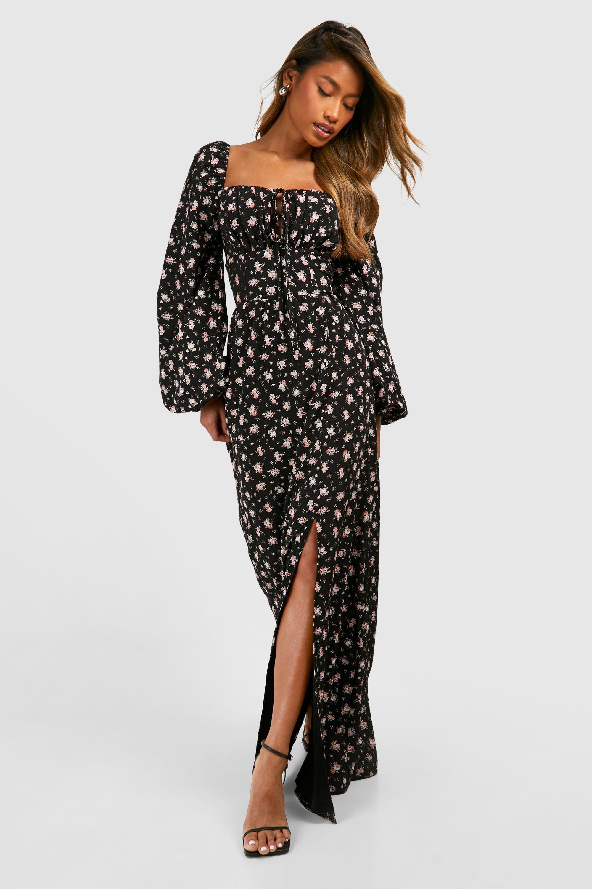Vestito maxi Milkmaid a fiori piccoli con maniche a palloncino, Nero
