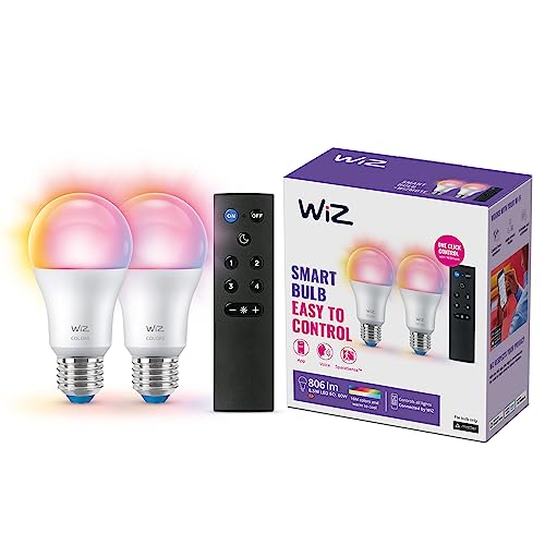 Wiz Lampadina Smart+Telecomando Wizmote, Luce Bianca O Colorata Dimmerabile, E27, 2 Pezzi, 60W, Wifi, Tecnologia Spacesense, Controllo Vocale