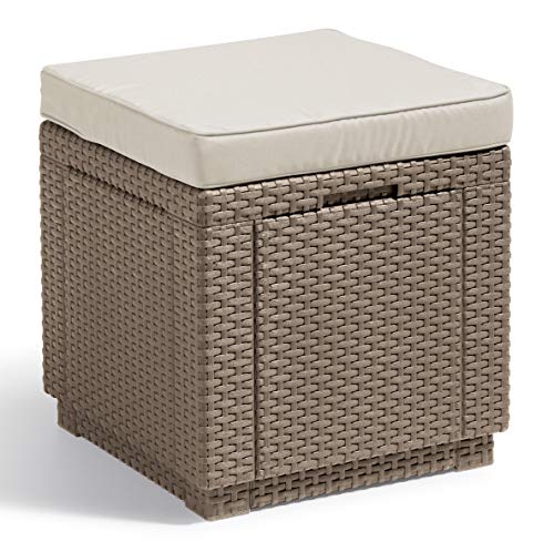 Allibert Di Keter » Sgabello A Cubo Con Vano Portaoggetti, Cappuccino, Cuscino Incluso, Coperchio Rimovibile, Effetto Rattan Piatto, Resistente Alle I